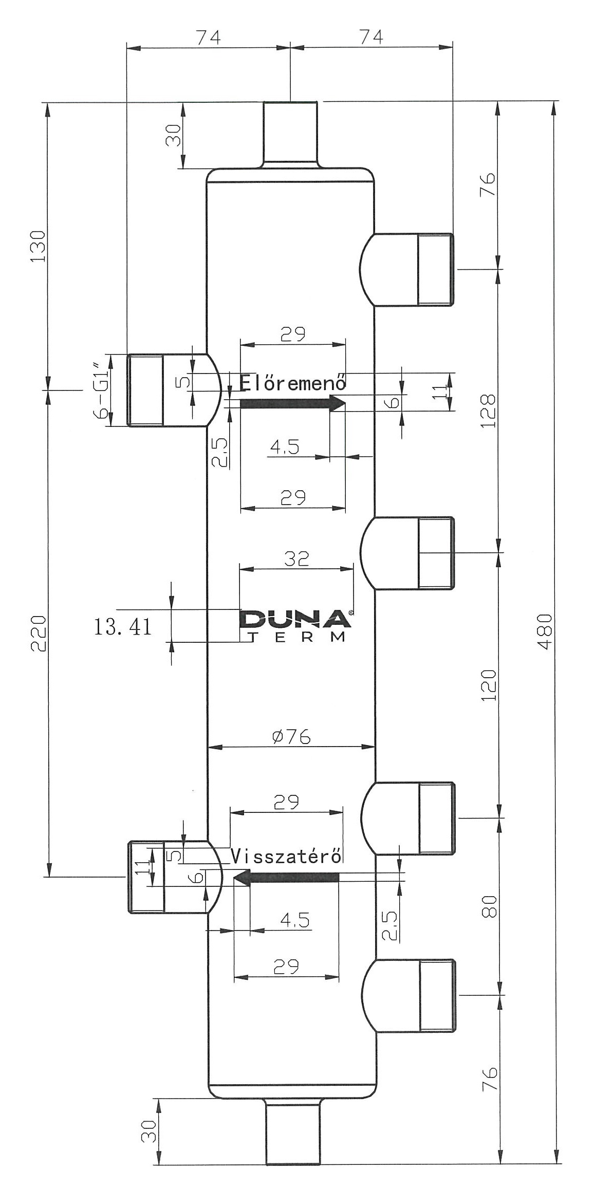 Dunaterm hidraulikus váltó 6x1" csatlakozás Inox szigeteléssel tartozékok méretek